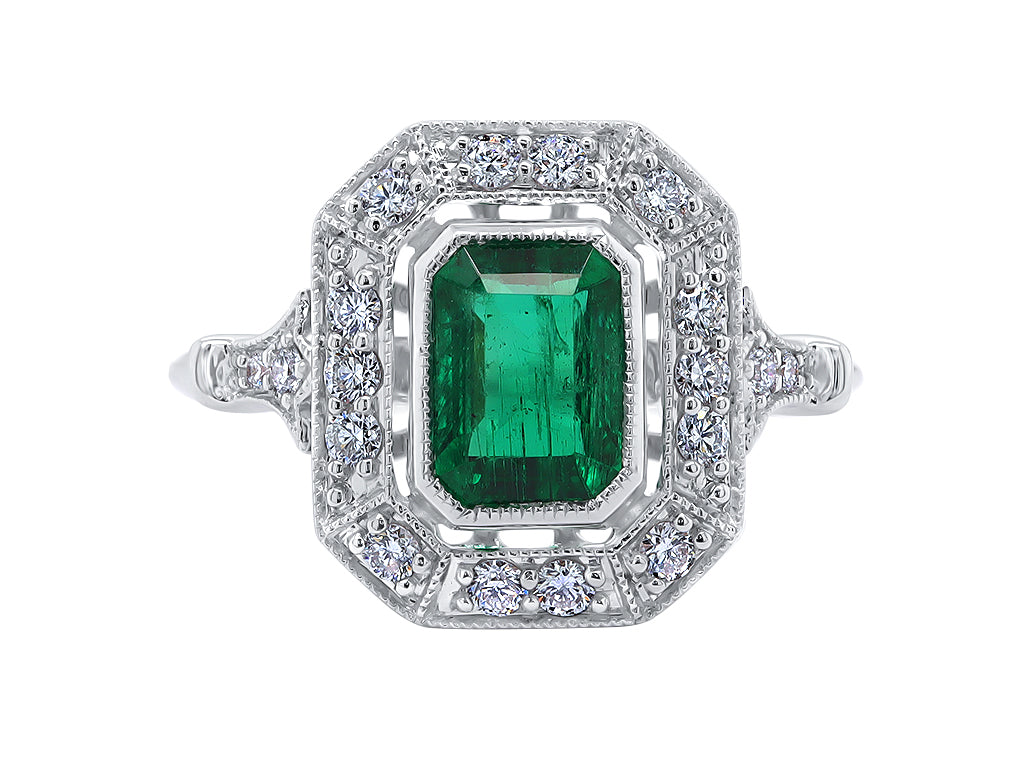 Edwardian inspired Emerald and Diamond engagement ring Emearld cut white gold Harrogate Jewellers Fogal and Barnes