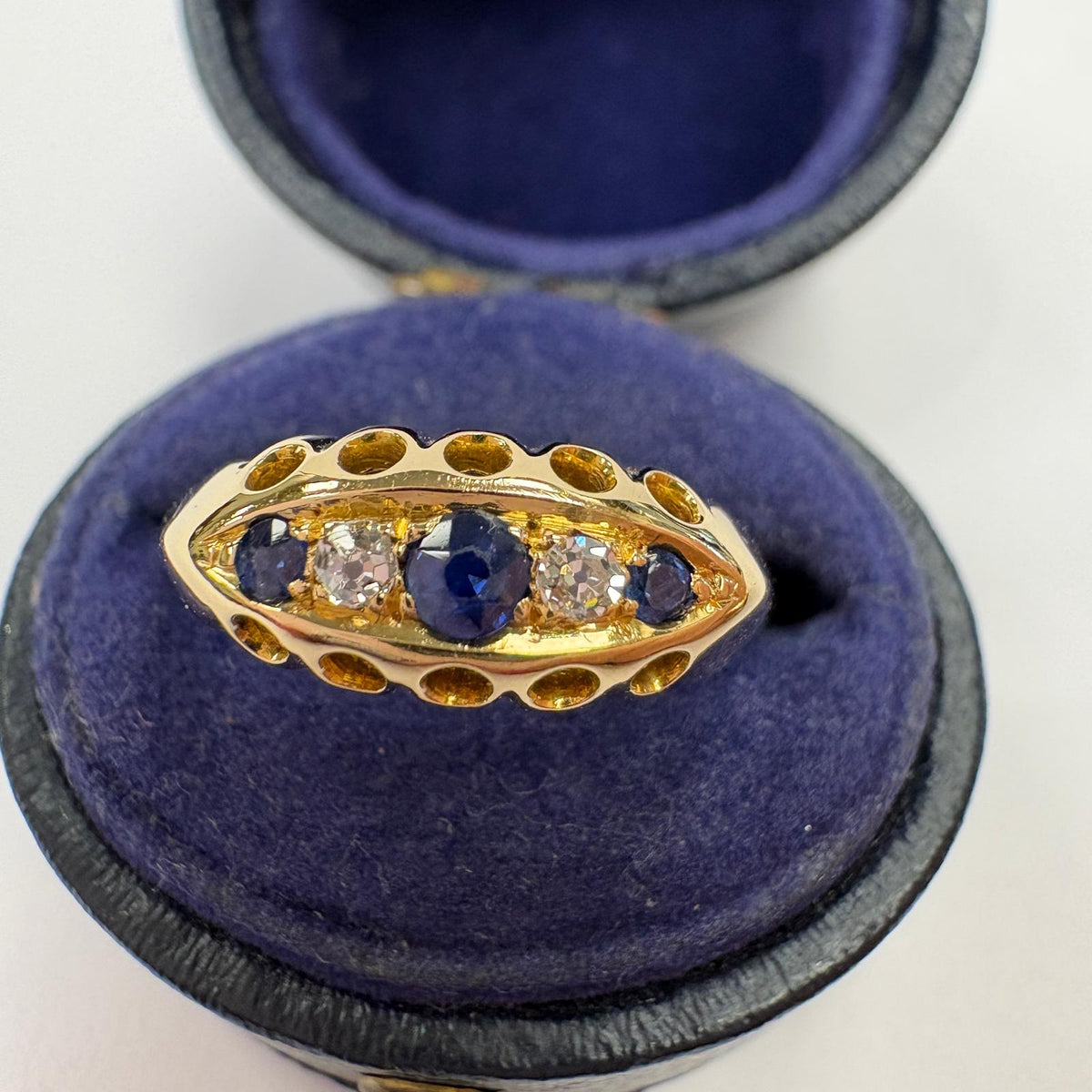 antique five stone ring, Edwardian sapphire ring, old cut diamond ring UK, antique sapphire and diamond ring, 18ct gold five stone ring, antique engagement ring, boat shaped ring, Edwardian engagement ring