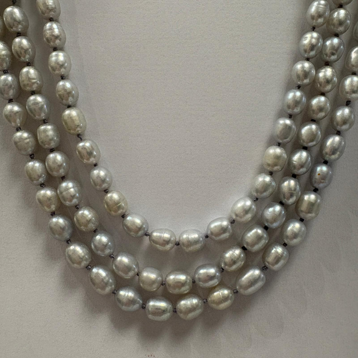 grey pearl necklace, triple strand pearl necklace, freshwater pearl necklace UK, multi strand pearl necklace, silver grey pearls, pearl necklace gold clasp, pre-loved pearl necklace, statement pearl necklace