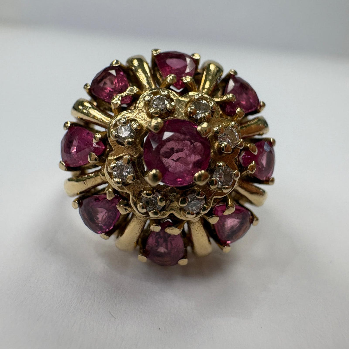 vintage sapphire cluster ring, 1960s cocktail ring, purple sapphire ring UK, natural sapphire and diamond ring, dome cluster ring, bombe ring, certified sapphire ring, vintage cocktail ring UK