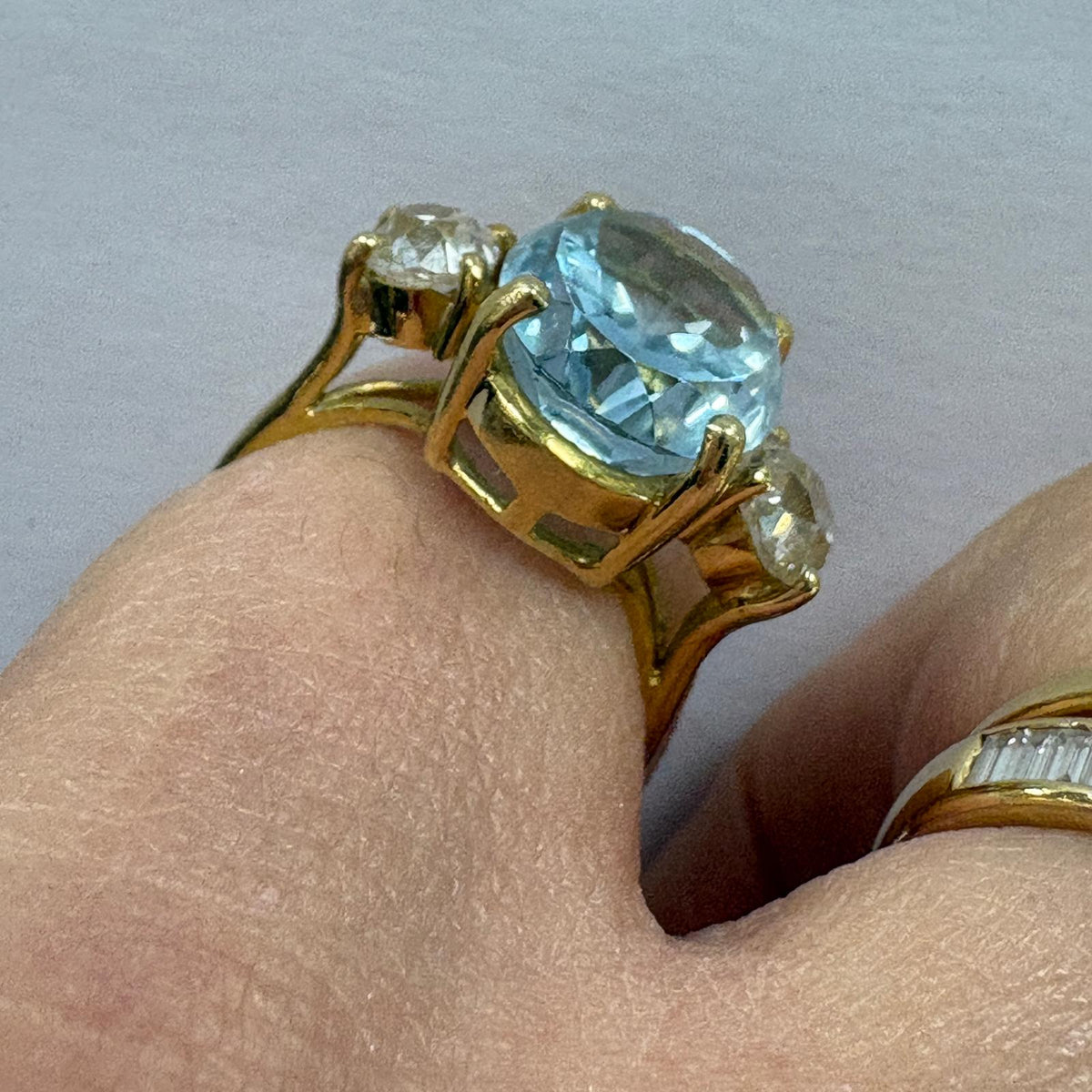 aquamarine engagement ring, old mine cut diamond ring UK, aquamarine and diamond ring, three stone aquamarine ring, alternative engagement ring, antique diamond ring, March birthstone ring, 18ct gold aquamarine ring