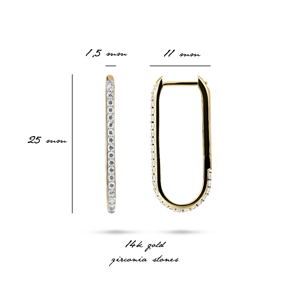 14K YELLOW GOLD LONG SPARKLING HOOP EARRINGS