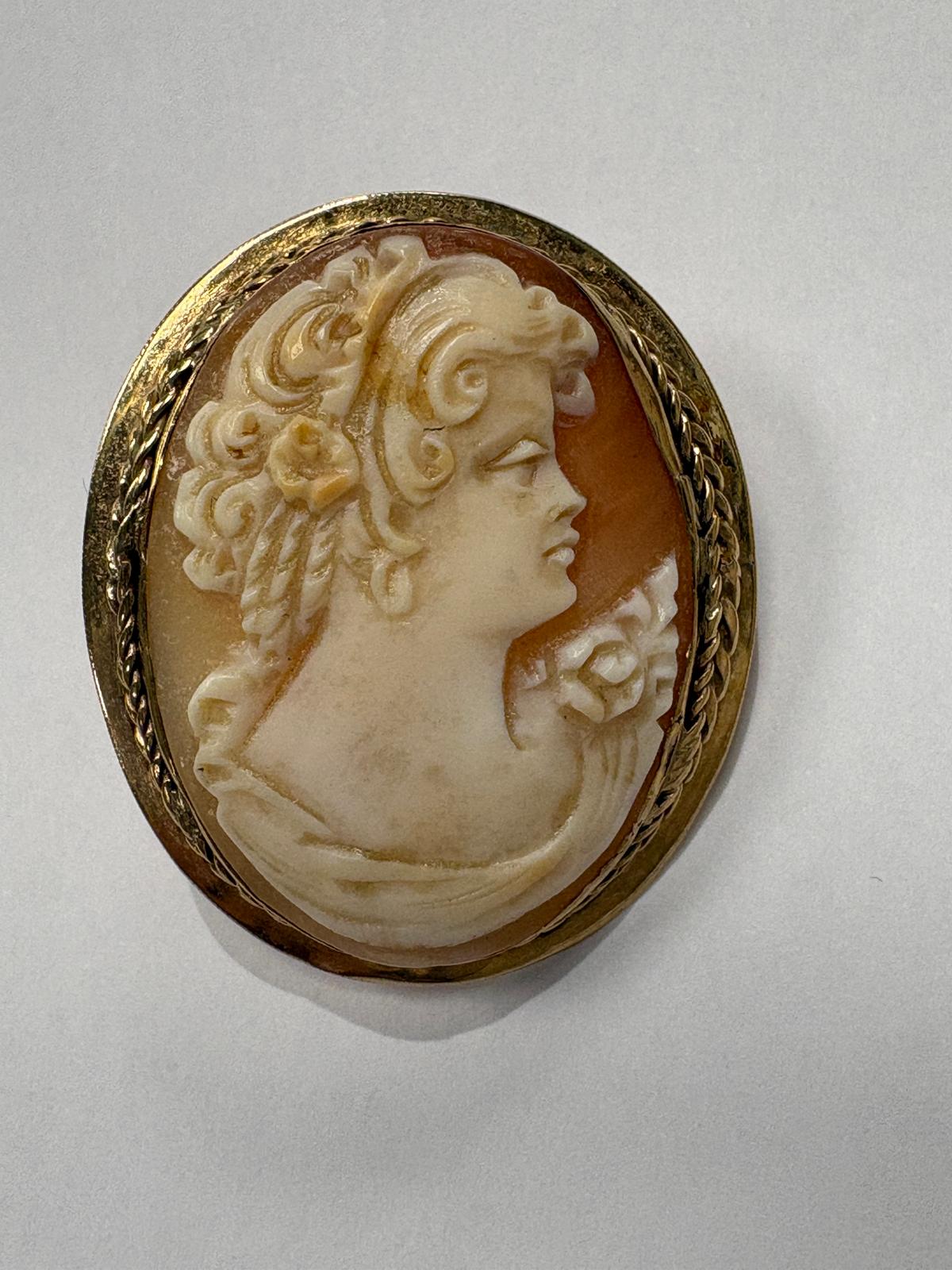 Pre-Loved Victorian 9ct Yellow Gold Carved Shell Cameo Brooch Circa 1860 - Front Detail View