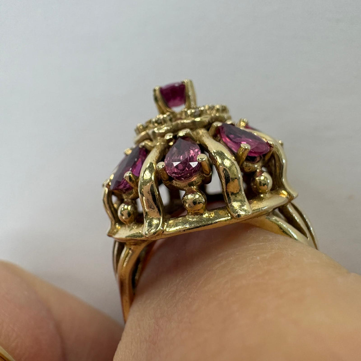vintage sapphire cluster ring, 1960s cocktail ring, purple sapphire ring UK, natural sapphire and diamond ring, dome cluster ring, bombe ring, certified sapphire ring, vintage cocktail ring UK