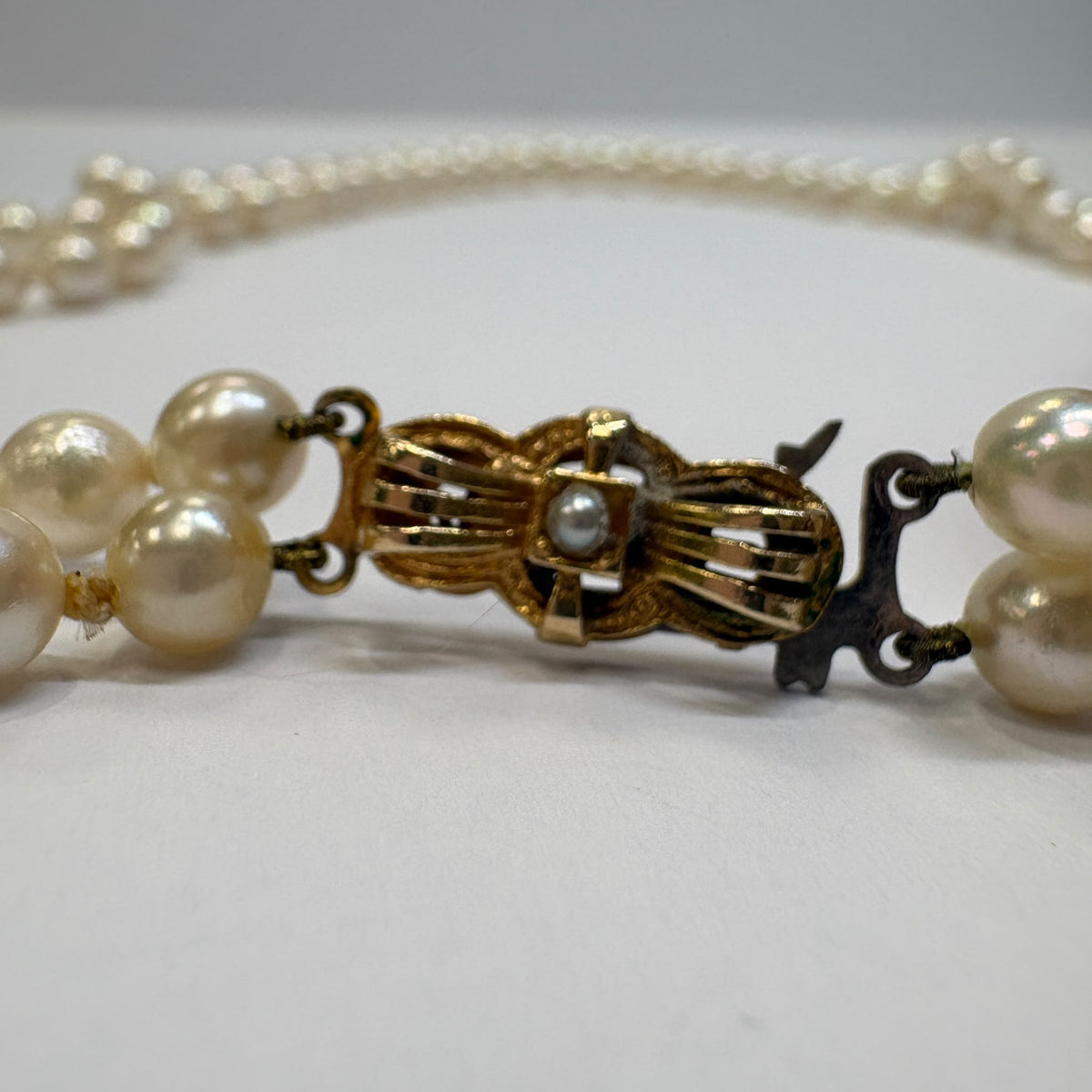 vintage Akoya pearl necklace, double strand Akoya pearls, 1970s pearl necklace, graduated pearl necklace UK, vintage bridal pearls, something old bridal jewellery, pre-loved pearl necklace, pearl necklace gold clasp