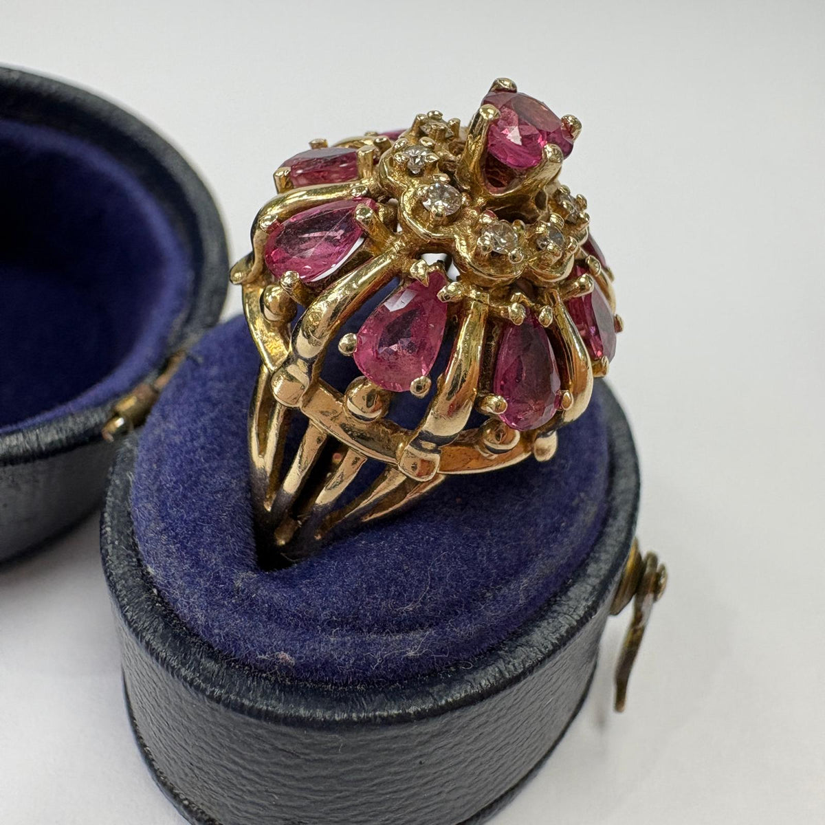 vintage sapphire cluster ring, 1960s cocktail ring, purple sapphire ring UK, natural sapphire and diamond ring, dome cluster ring, bombe ring, certified sapphire ring, vintage cocktail ring UK
