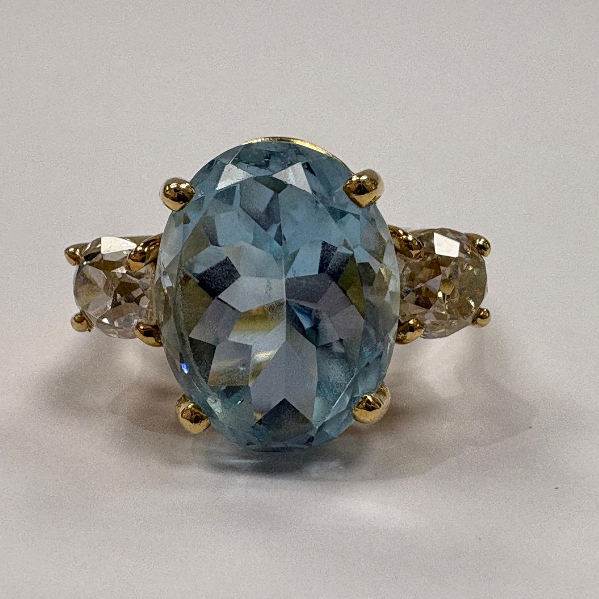 Pre-Loved Antique 18ct Yellow Gold 5ct Aquamarine and Old Mine Cut Diamond Three Stone Ring - Fogal & Barnes 