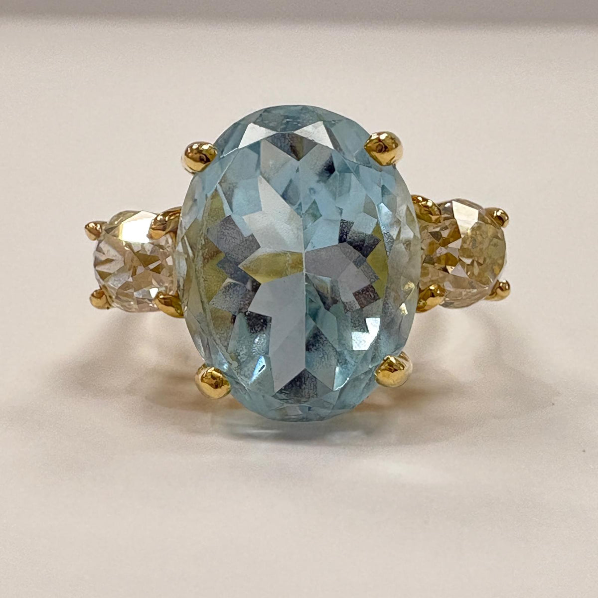 Pre-Loved Antique 18ct Yellow Gold 5ct Aquamarine and Old Mine Cut Diamond Three Stone Ring - Fogal & Barnes 