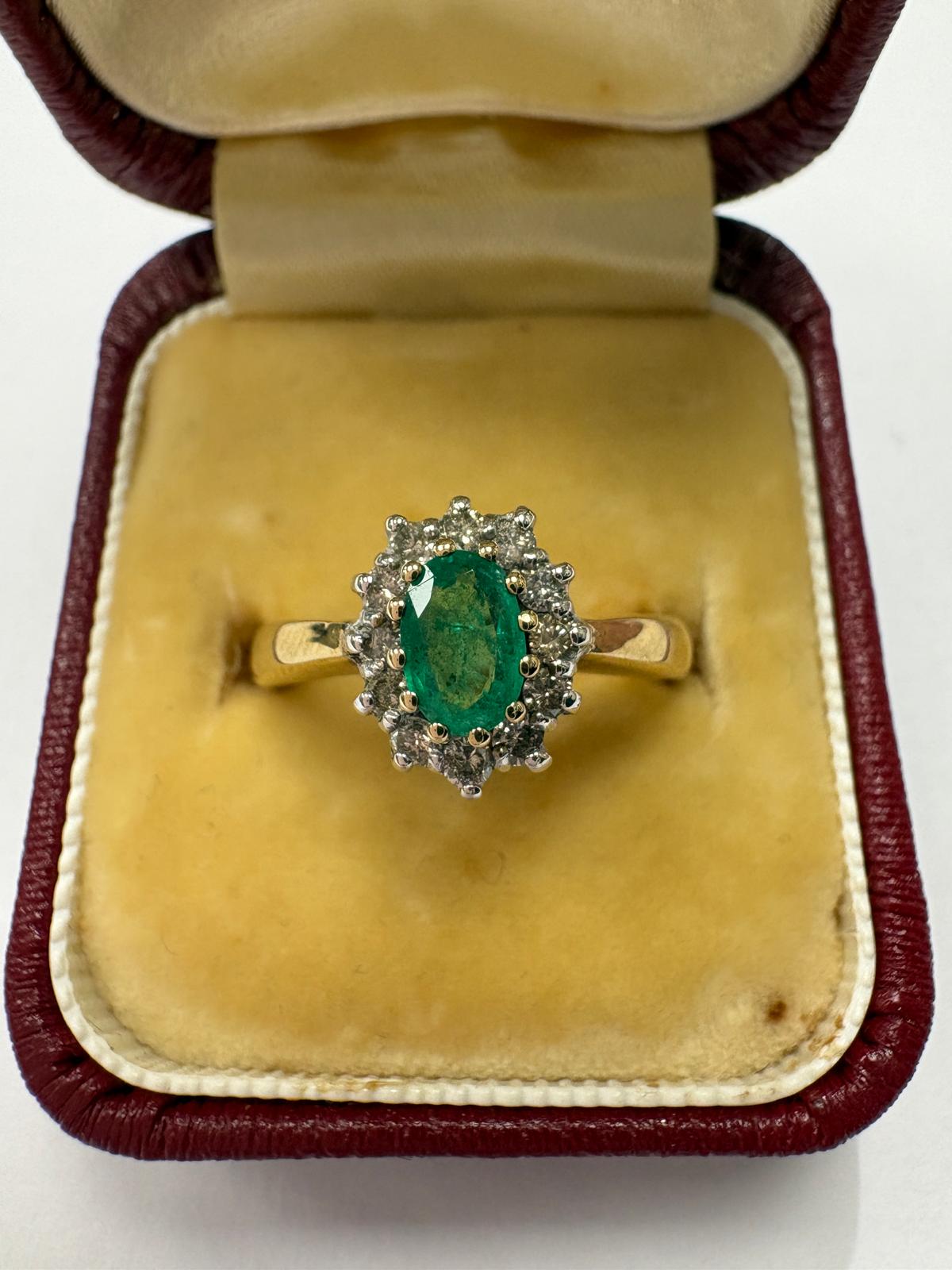 Vintage Pre-loved 9ct Gold Oval Emerald & Diamond Ring - Size N