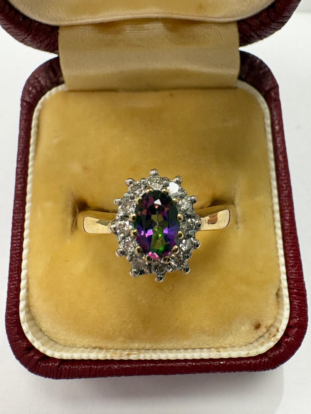 Pre-loved Vintage 9ct Yellow Gold Oval Mystic Topaz & Diamond Ring Size N - 3.33g