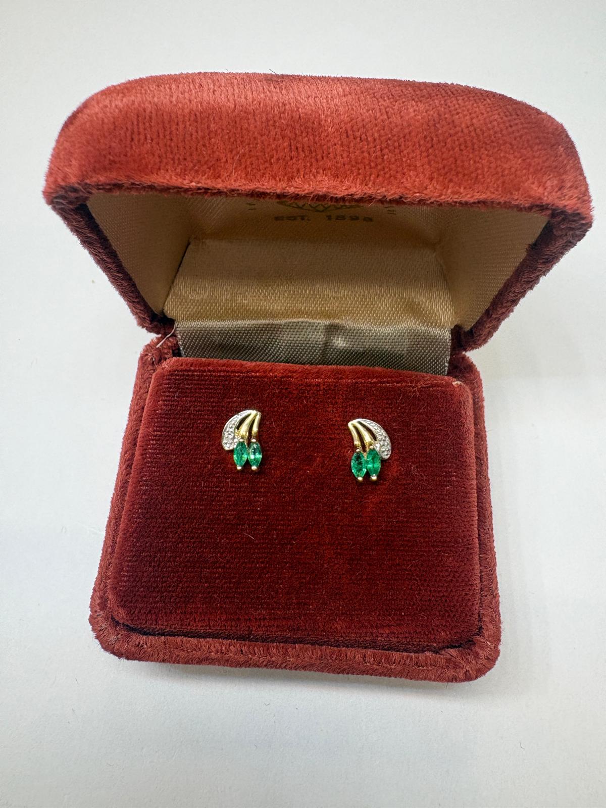 Pre-Loved Vintage Micro 9ct Yellow and White Gold Emerald & Diamond Earrings - 0.95g - Fogal & Barnes 