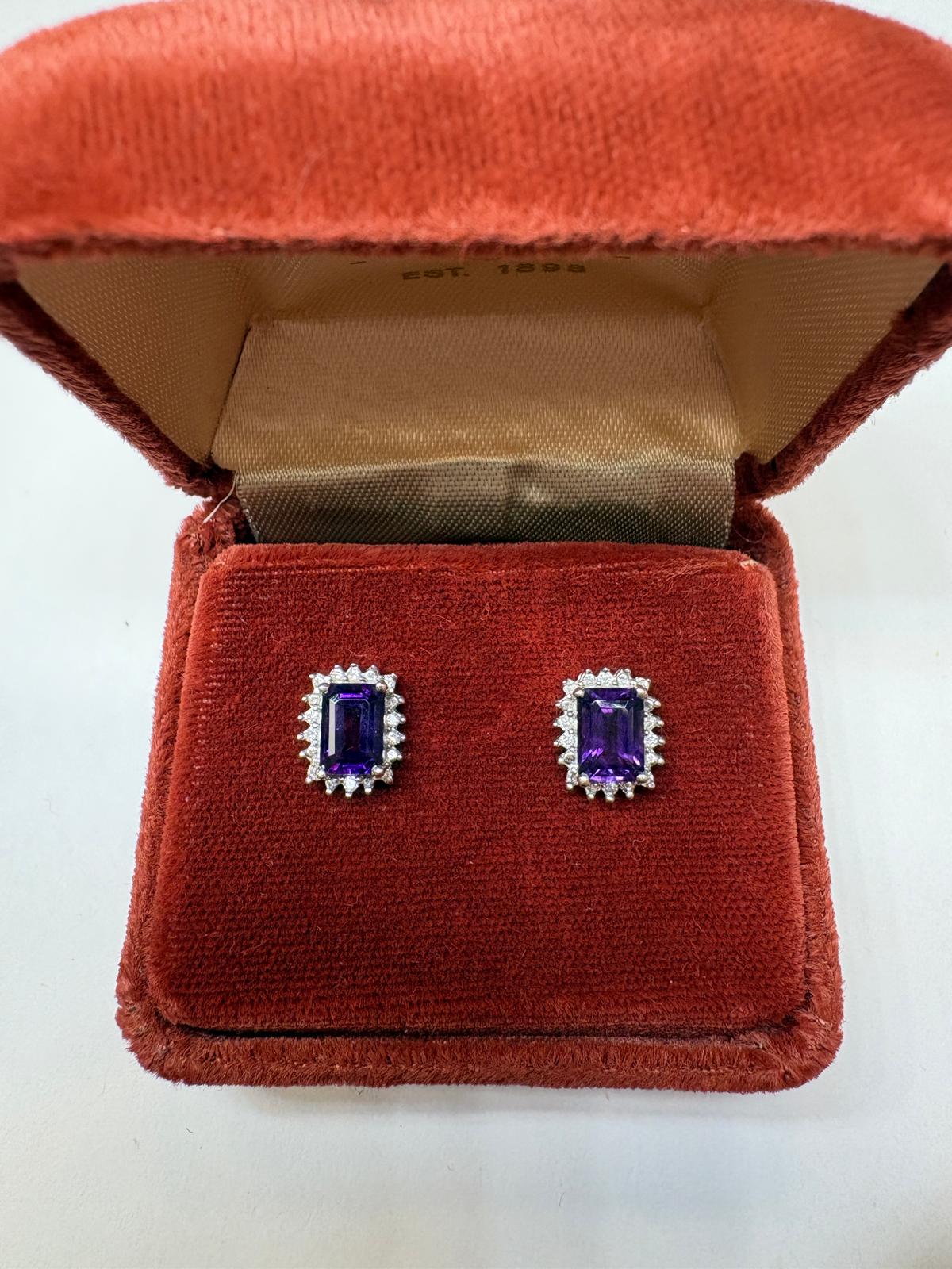 Pre-Loved Vintage 9ct Gold Emerald-Cut Amethyst & Diamond Cluster Earrings - 2.32g - Fogal & Barnes 