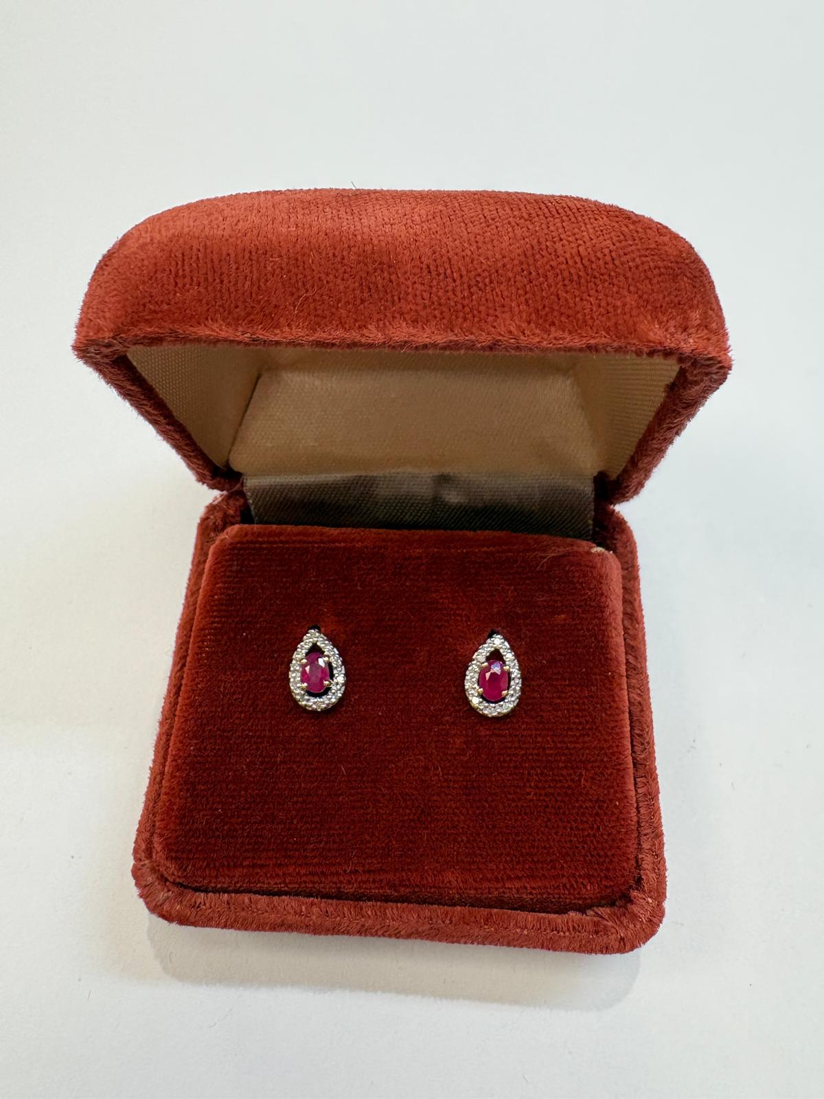 Pre-Loved Vintage 9ct Gold Ruby & Diamond Pear Halo Stud Earrings - 1.20g - Fogal & Barnes 