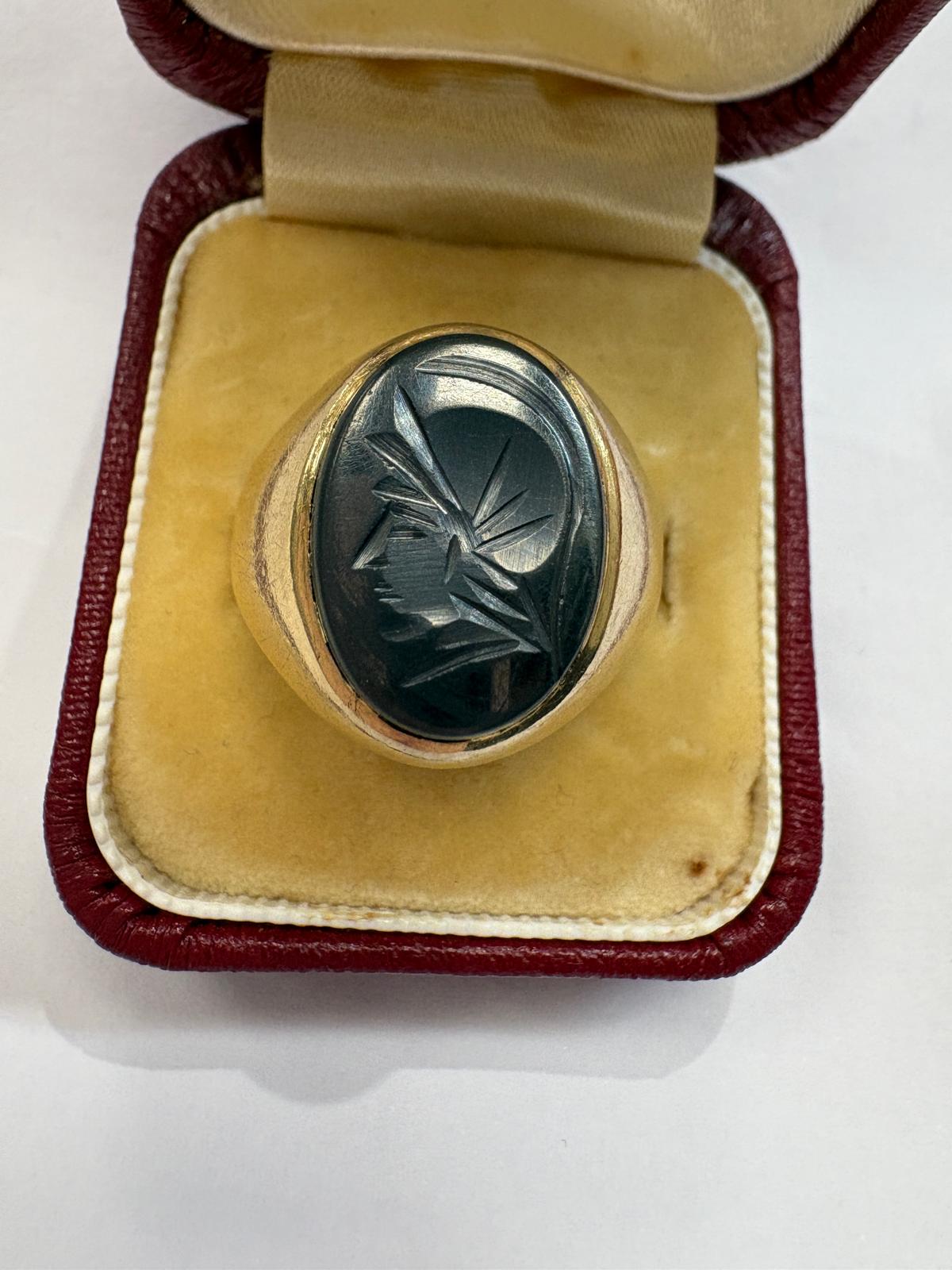 Vintage 9ct Gold Signet Ring, Carved Hematite Intaglio Size U