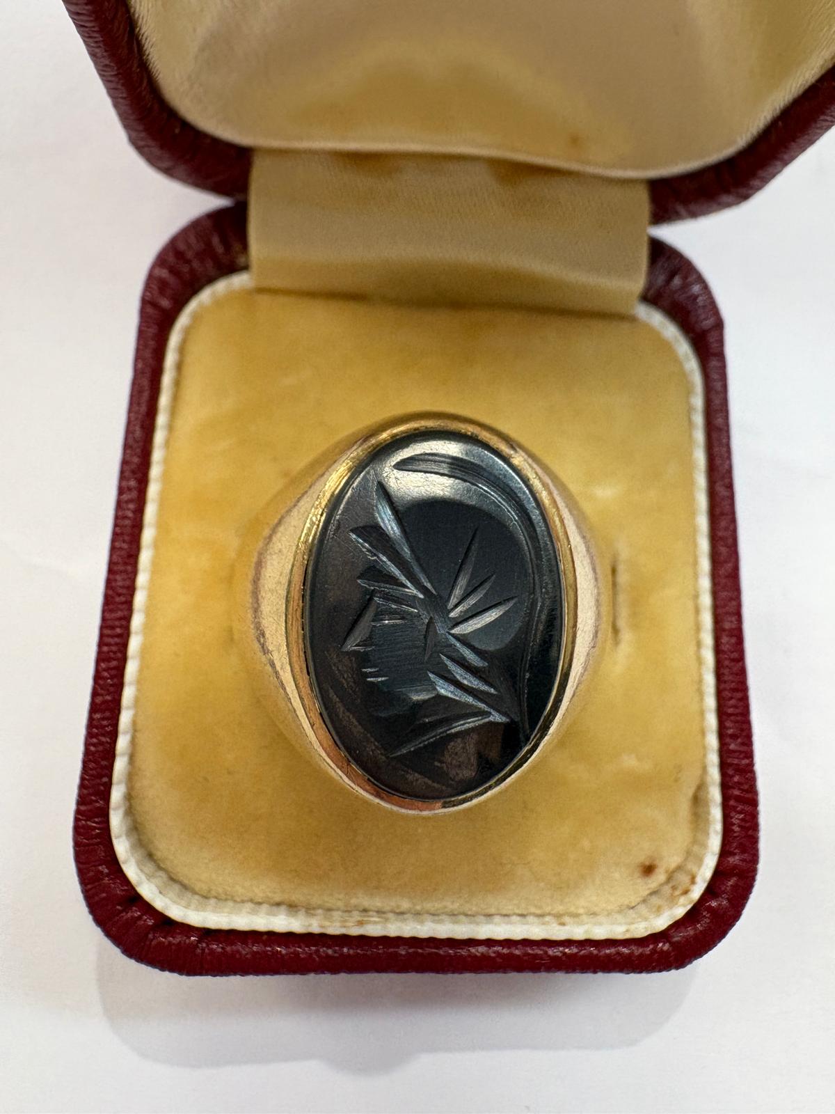 Vintage 9ct Gold Signet Ring, Carved Hematite Intaglio Size U