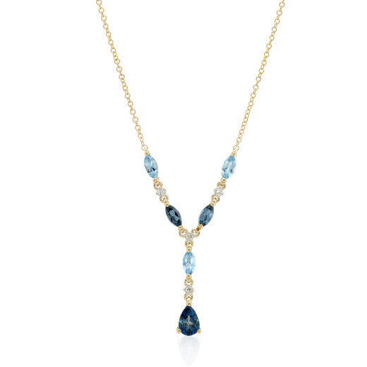 YELLOW GOLD , DIAMOND AND BLUE TOPAZ DROP NECKLACE