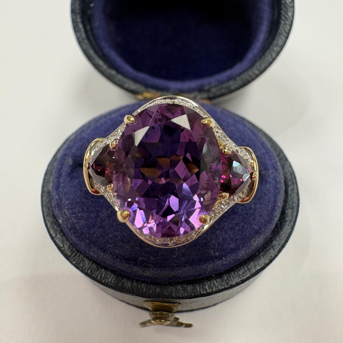 amethyst cocktail ring, large amethyst ring UK, 9ct gold amethyst ring, amethyst and pink sapphire ring, amethyst and diamond ring, pink sapphire cocktail ring, February birthstone ring, purple statement ring