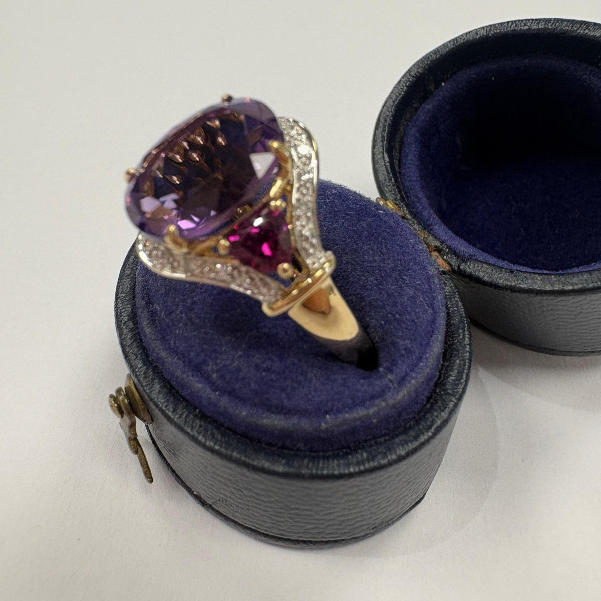amethyst cocktail ring, large amethyst ring UK, 9ct gold amethyst ring, amethyst and pink sapphire ring, amethyst and diamond ring, pink sapphire cocktail ring, February birthstone ring, purple statement ring