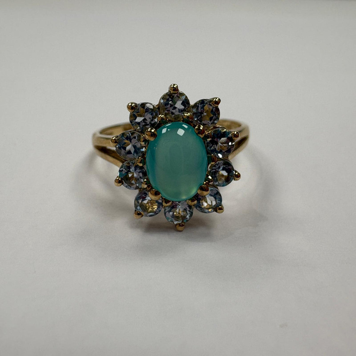 aqua chalcedony ring, blue topaz cluster ring, 9ct gold cluster ring, cabochon cluster ring UK, sea green gemstone ring, large size gold ring, December birthstone ring, pre-loved gemstone ring
