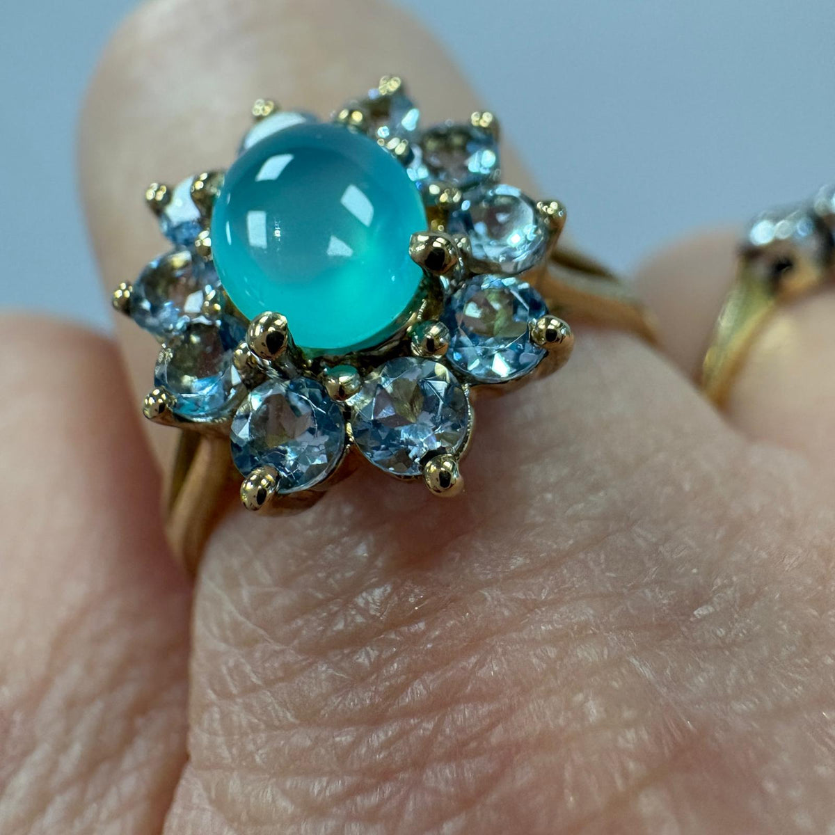 aqua chalcedony ring, blue topaz cluster ring, 9ct gold cluster ring, cabochon cluster ring UK, sea green gemstone ring, large size gold ring, December birthstone ring, pre-loved gemstone ring