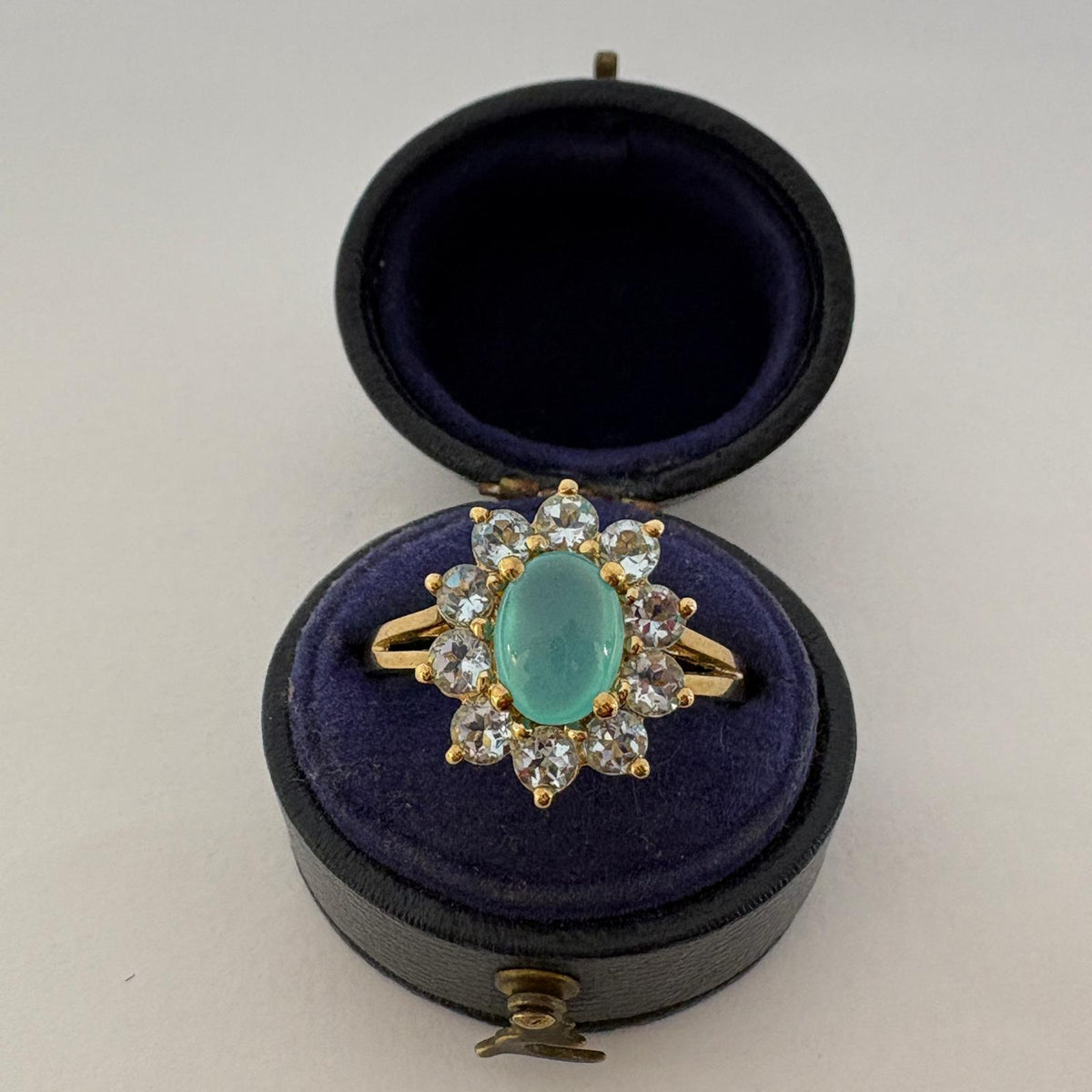 aqua chalcedony ring, blue topaz cluster ring, 9ct gold cluster ring, cabochon cluster ring UK, sea green gemstone ring, large size gold ring, December birthstone ring, pre-loved gemstone ring
