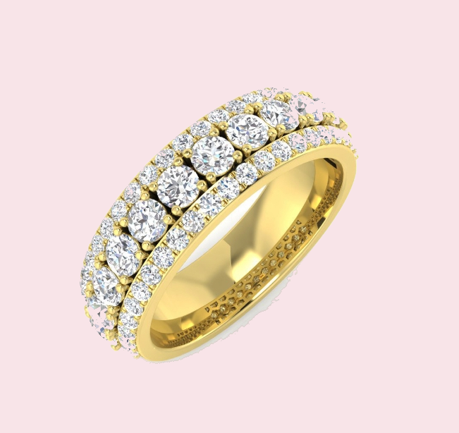 The Aurora round lab-grown diamond half eternity ring in yellow gold, with a row of graduated claw set diamonds between two rows of pavé diamonds