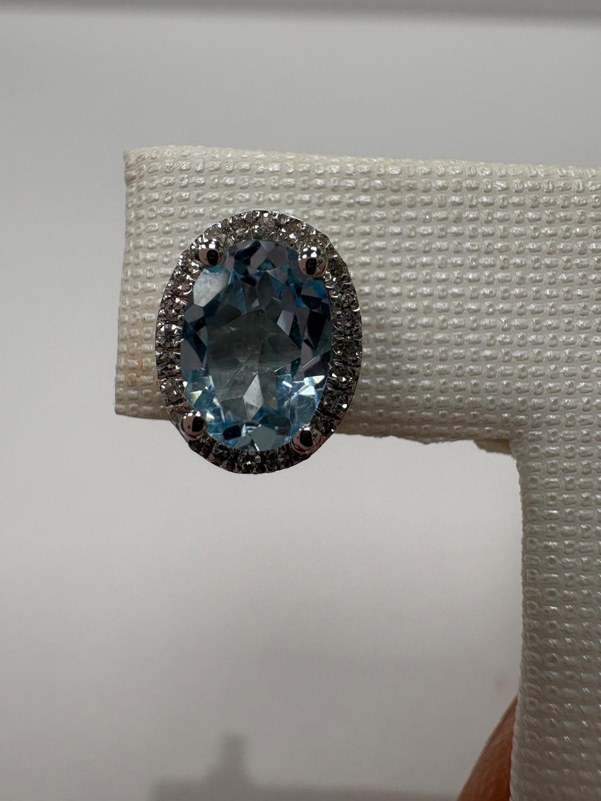 blue topaz diamond earrings, pre-loved white gold earrings, second hand 9ct white gold earrings, topaz halo earrings UK, pre-owned diamond earrings