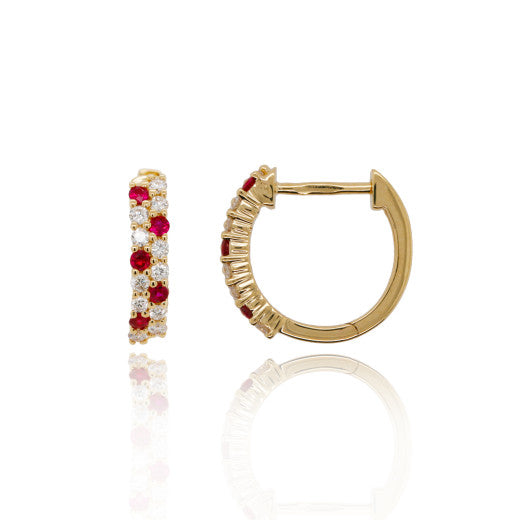 9K YELLOW GOLD RUBY AND DIAMOND HUGGIES