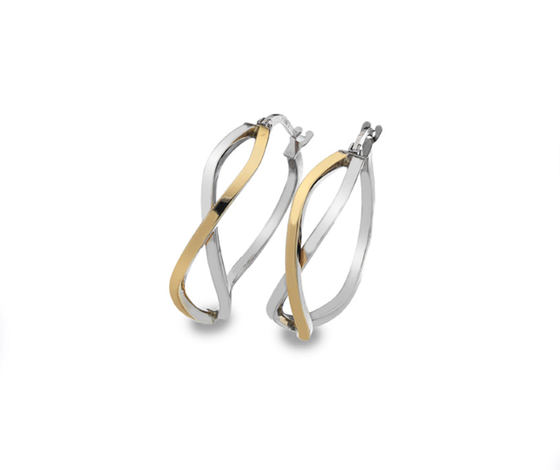 YELLOW AND WHITE GOLD CROSSOVER HOOP EARRING