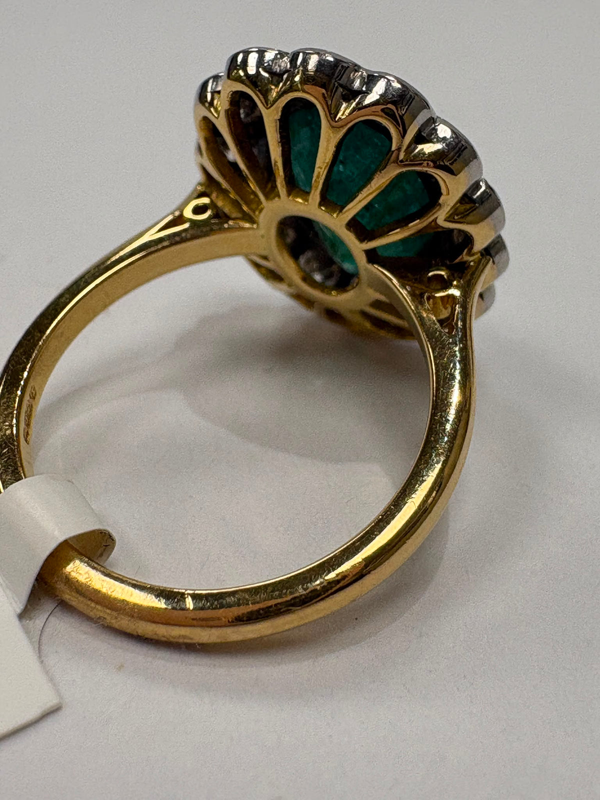 Substantial emerald and diamond cluster ring, 2.40ct emerald, 0.98ct diamonds, 18ct gold, size N. Pre-loved, excellent condition. Visit our Harrogate showroom.