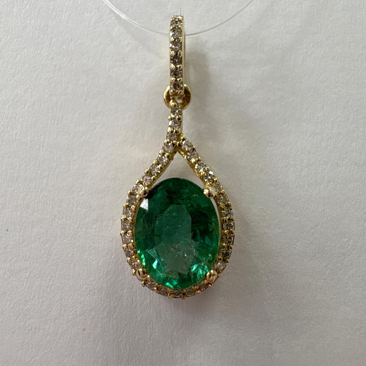 emerald pendant UK, emerald and diamond pendant, certified emerald pendant, 14ct gold emerald necklace, emerald halo pendant, May birthstone pendant, natural emerald pendant, pre-loved emerald pendant