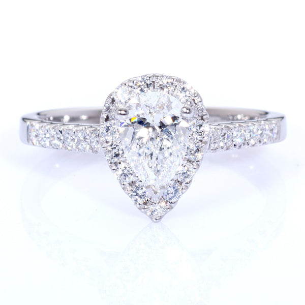 Pear shaped diamond engagement ring diamond halo diamond set shoulder platinum Harrogate jewellers Fogal and barnes 
