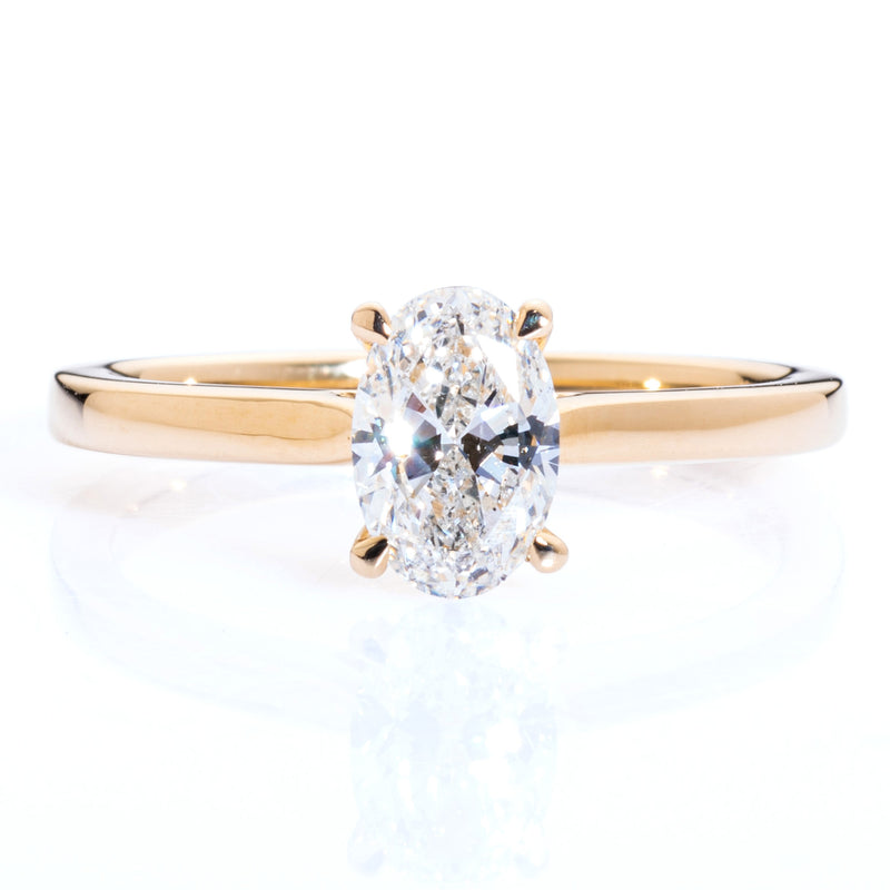 Oval Diamond soliatire ring claw setting yellow gold tapered band harrogate jewellers fogal and barnes 