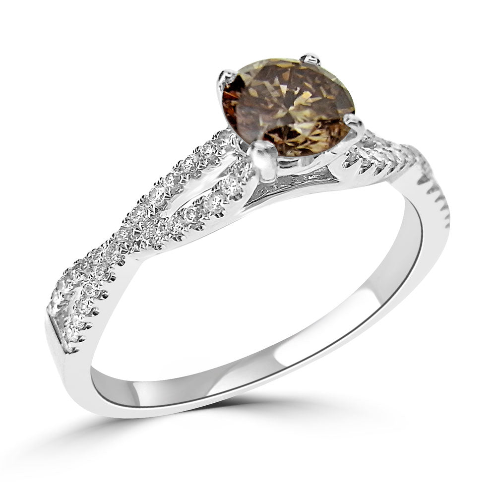 Unique crossover diamond ring with natural cognac centre stone white gold 