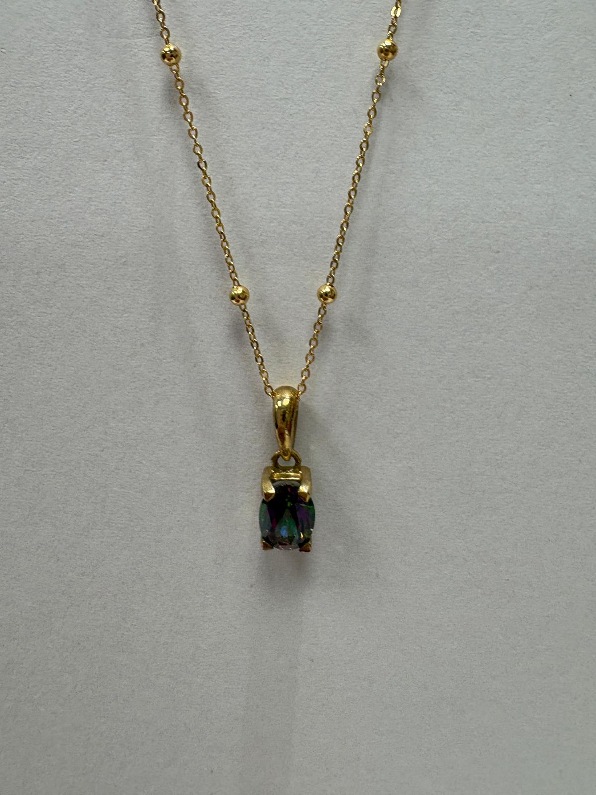 pre-loved mystic topaz necklace, second hand gold pendant, mystic topaz pendant UK, pre-owned 9ct gold necklace, rainbow topaz jewellery fogal and barnes harrogate 