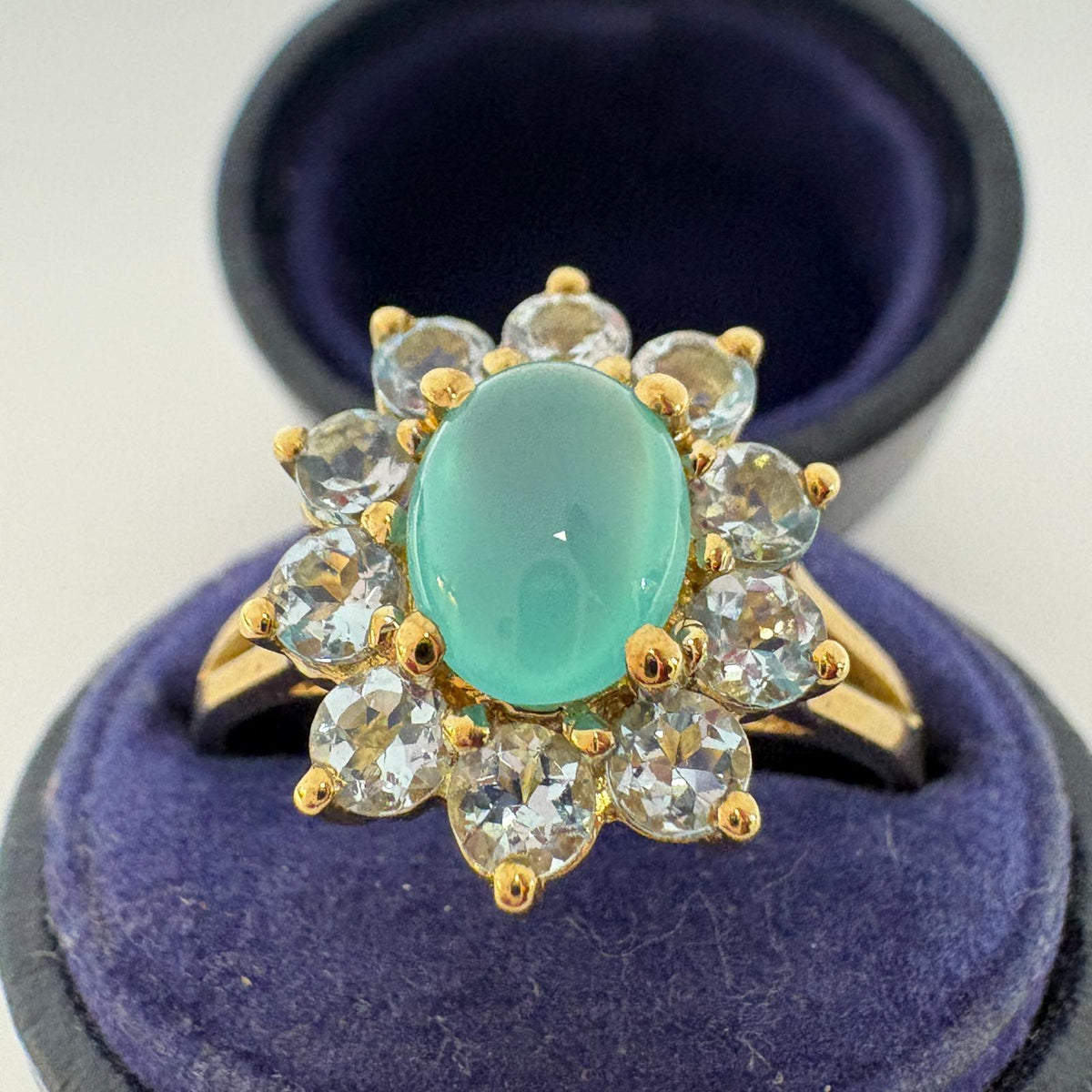 aqua chalcedony ring, blue topaz cluster ring, 9ct gold cluster ring, cabochon cluster ring UK, sea green gemstone ring, large size gold ring, December birthstone ring, pre-loved gemstone ring