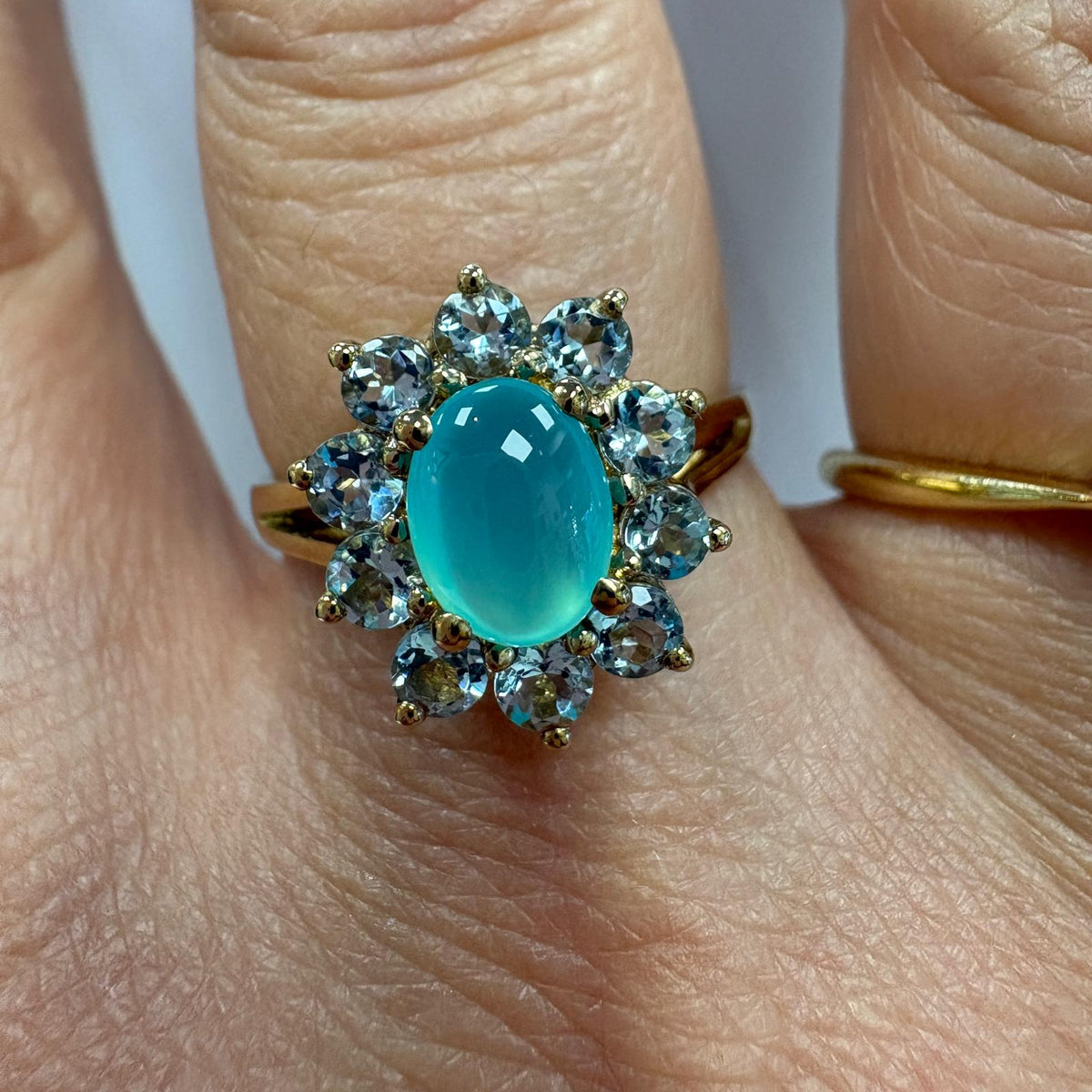 aqua chalcedony ring, blue topaz cluster ring, 9ct gold cluster ring, cabochon cluster ring UK, sea green gemstone ring, large size gold ring, December birthstone ring, pre-loved gemstone ring