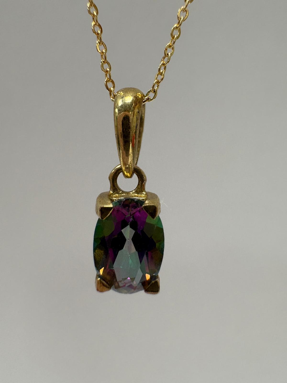 pre-loved mystic topaz necklace, second hand gold pendant, mystic topaz pendant UK, pre-owned 9ct gold necklace, rainbow topaz jewellery harrogate jewellers 