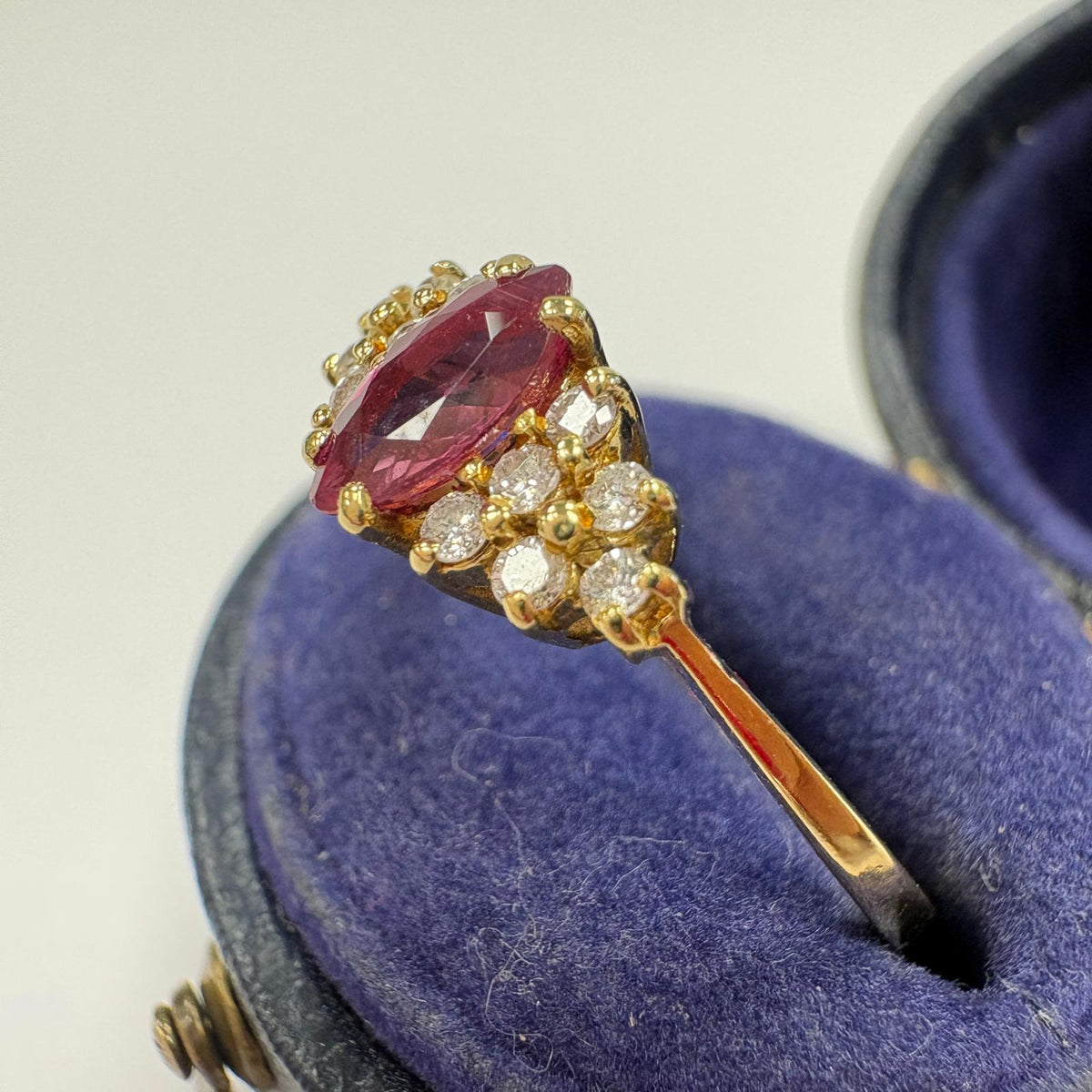 marquise ruby ring, ruby and diamond ring UK, 18ct gold ruby ring, marquise cluster ring, alternative engagement ring, ruby anniversary ring, July birthstone ring, pre-loved ruby ring