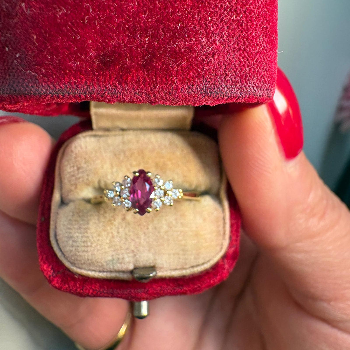 marquise ruby ring, ruby and diamond ring UK, 18ct gold ruby ring, marquise cluster ring, alternative engagement ring, ruby anniversary ring, July birthstone ring, pre-loved ruby ring