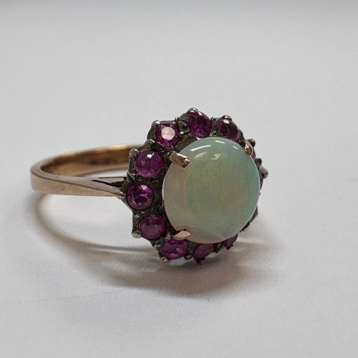 opal cluster ring, opal ring UK, October birthstone ring, 9ct gold opal ring, opal and pink sapphire ring, pre-loved opal ring, vintage style opal ring, second hand opal ring
