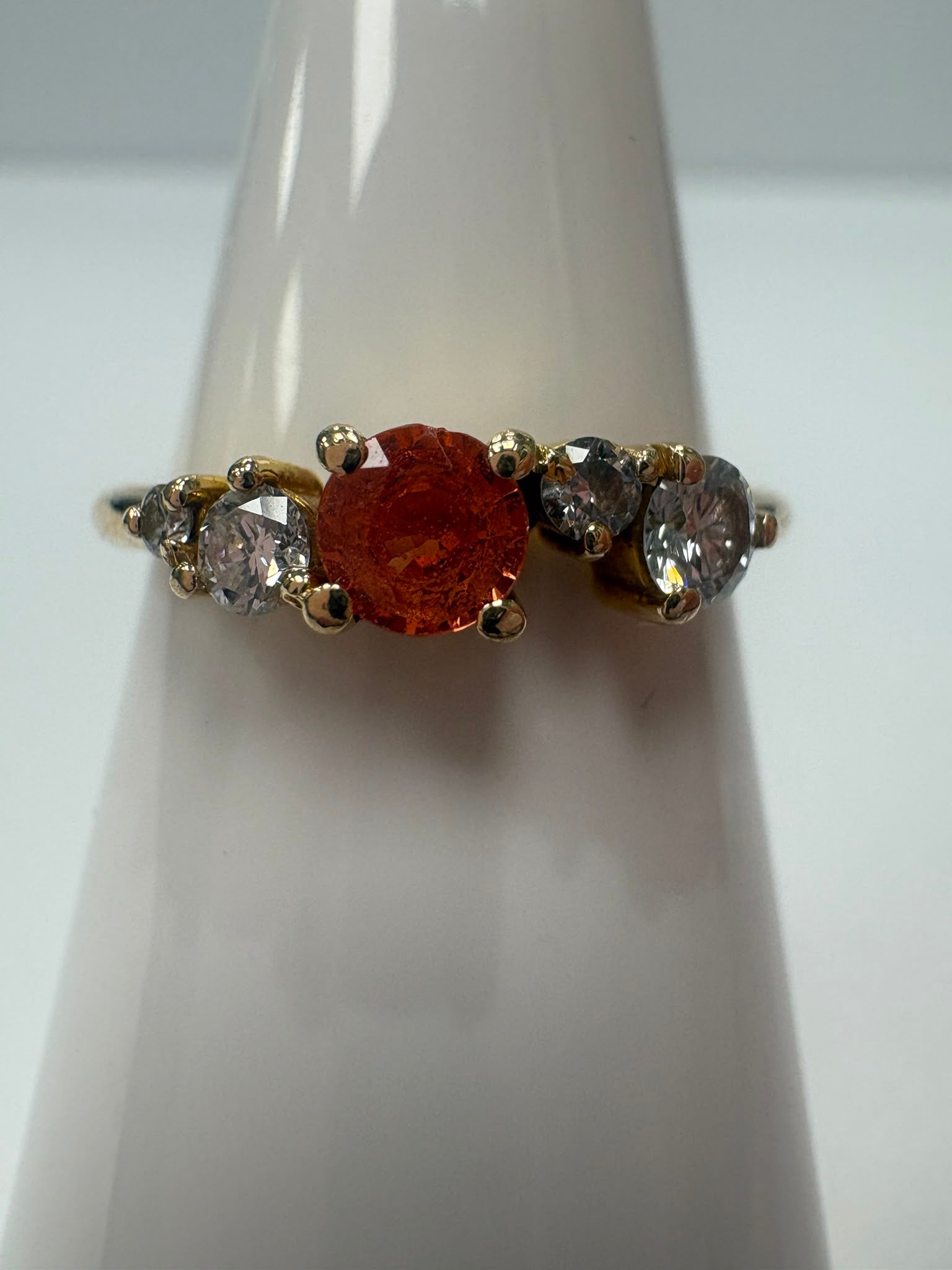 orange sapphire ring, moissanite ring 18ct gold, pre-loved coloured gemstone ring, second hand sapphire ring Harrogate, five stone gemstone ring Yorkshire