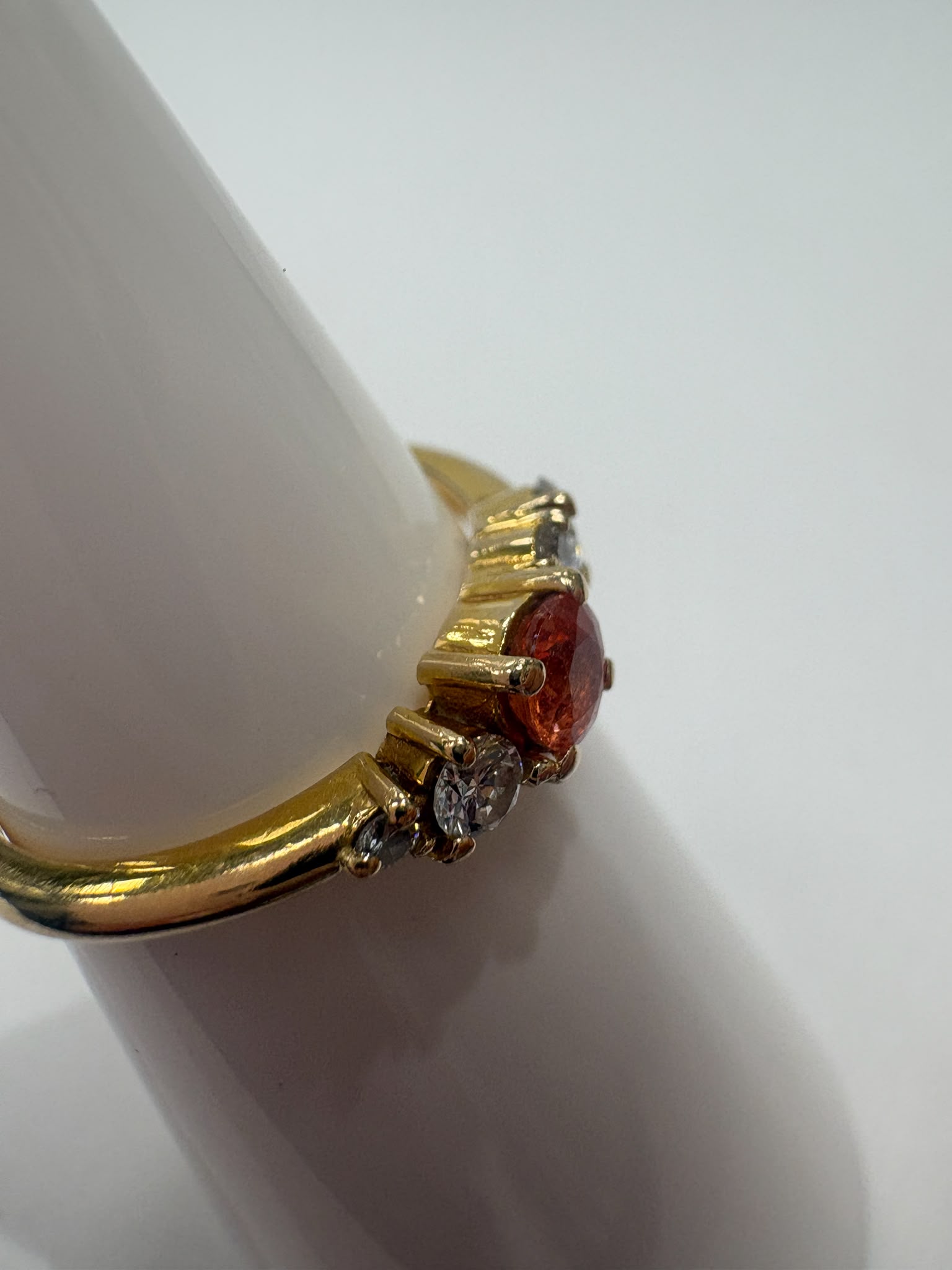 orange sapphire ring, moissanite ring 18ct gold, pre-loved coloured gemstone ring, second hand sapphire ring Harrogate, five stone gemstone ring Yorkshire
