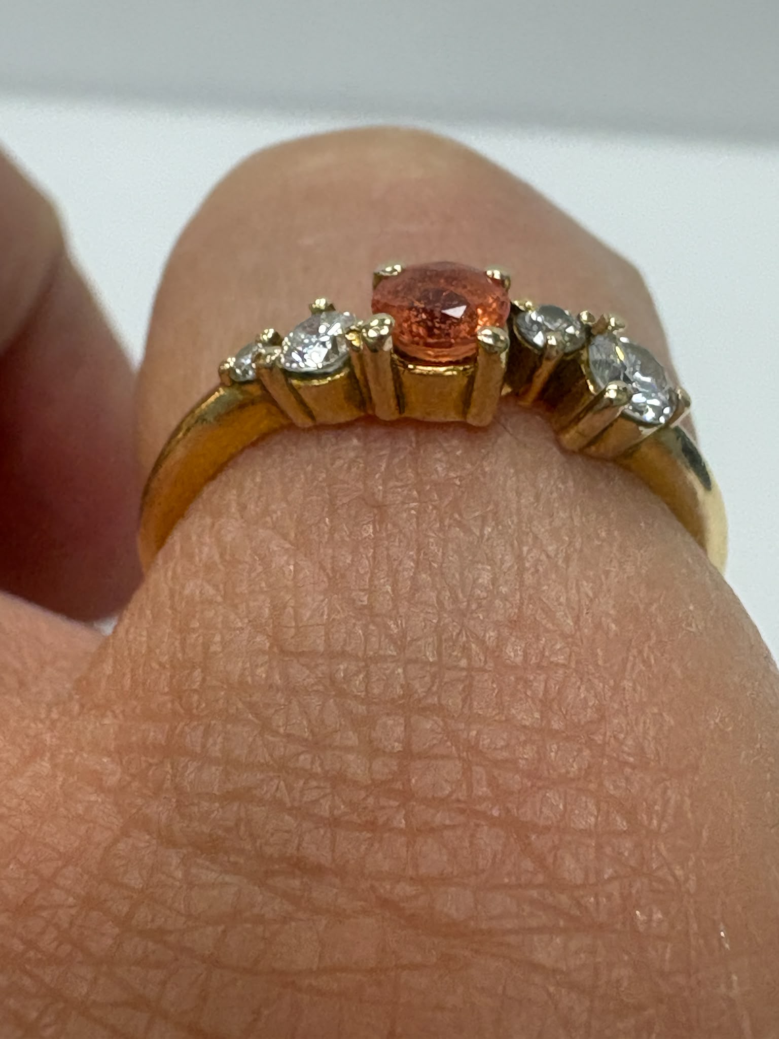 orange sapphire ring, moissanite ring 18ct gold, pre-loved coloured gemstone ring, second hand sapphire ring Harrogate, five stone gemstone ring Yorkshire