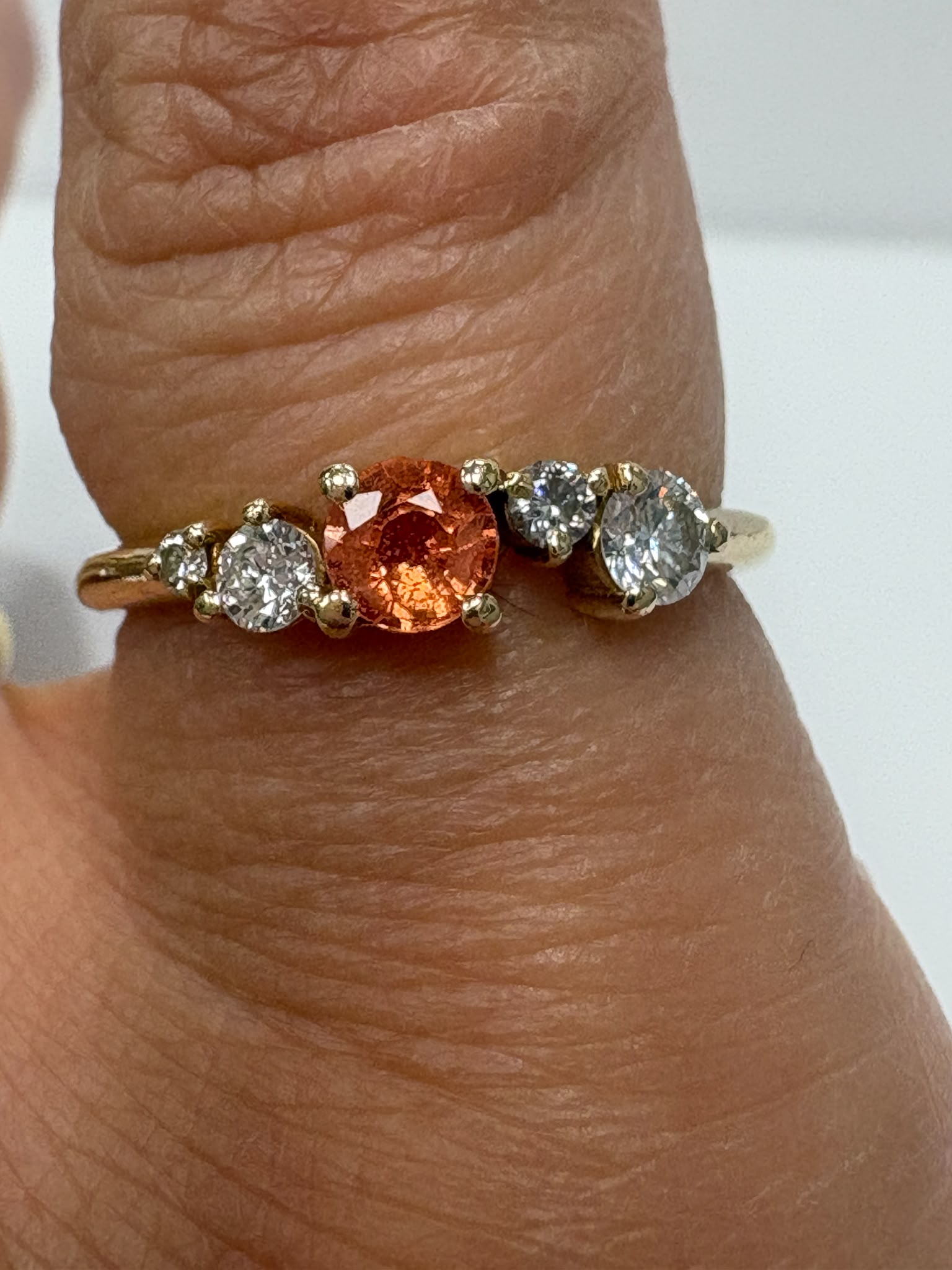 orange sapphire ring, moissanite ring 18ct gold, pre-loved coloured gemstone ring, second hand sapphire ring Harrogate, five stone gemstone ring Yorkshire