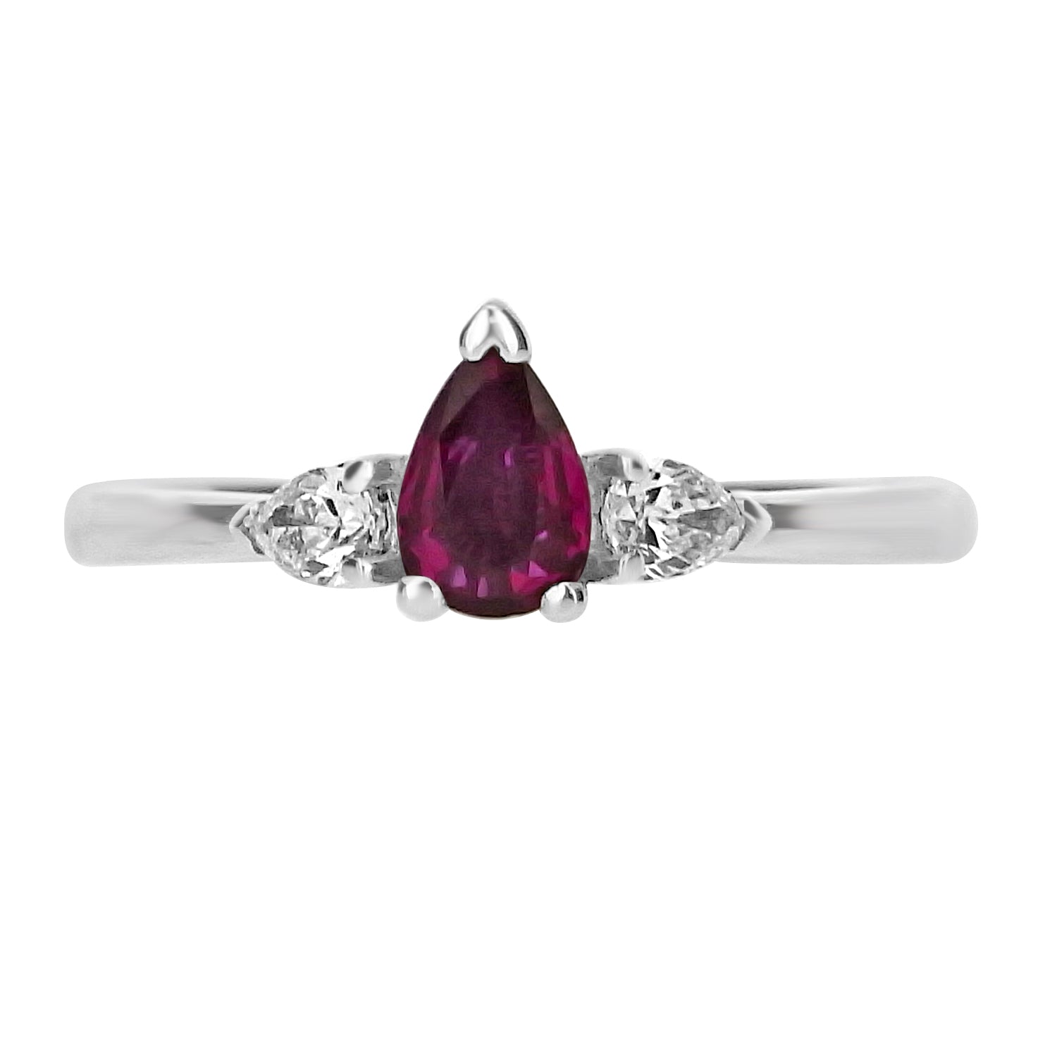 Platinum Natural Pear Cut Ruby trilogy engagement ring fogal and barnes jewellers in Harrogate 