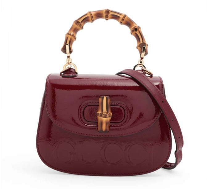 pre-loved Gucci bag UK, Gucci Bamboo 1947 Mini, Gucci Bamboo bag, Gucci Rosso Ancora, red Gucci bag, Gucci patent bag, second hand Gucci UK, Gucci top handle bag, luxury handbags Harrogate, pre-loved designer bags Yorkshire