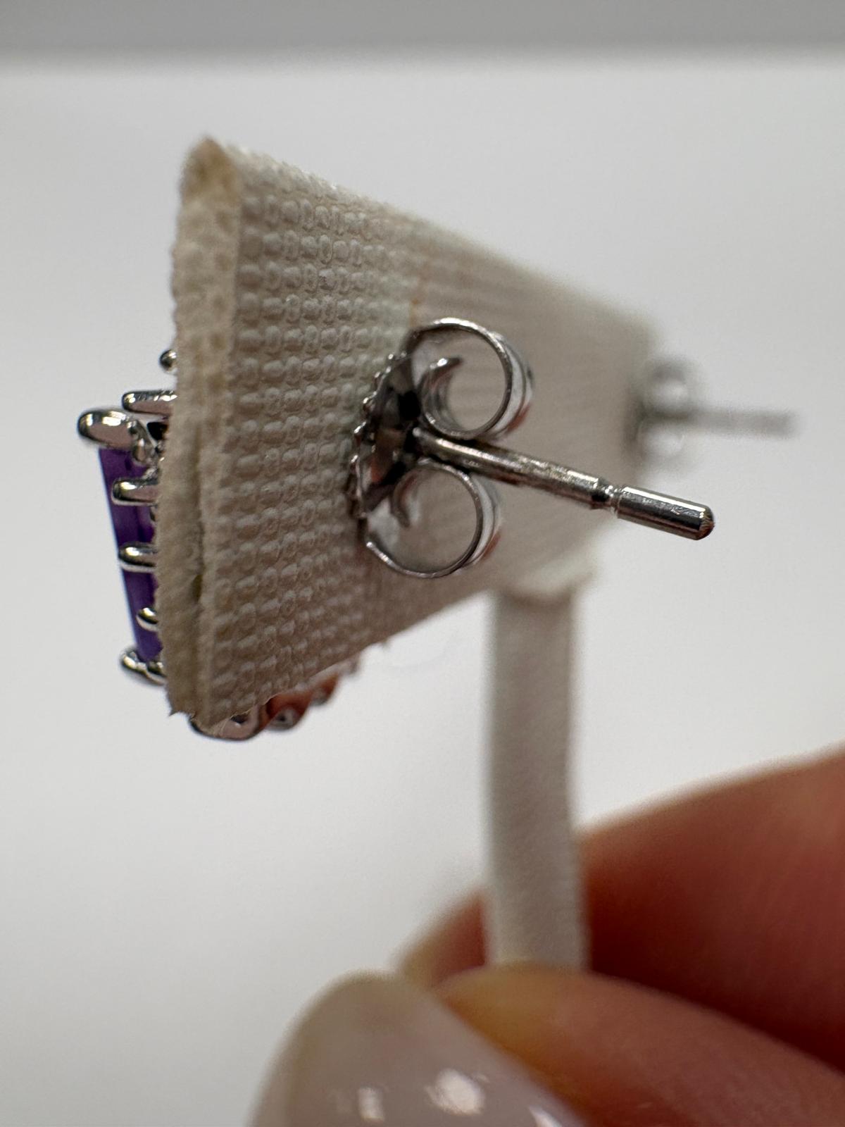 pre-loved amethyst earrings, second hand 9ct gold earrings UK, amethyst diamond cluster earrings, emerald cut amethyst, statement purple earrings, pre-owned gemstone earrings UK, second hand fine jewellery UK, amethyst earrings for sale UK