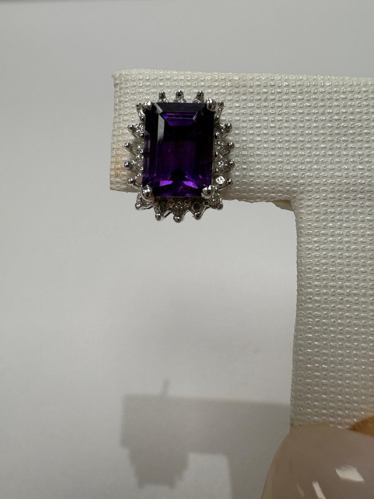 pre-loved amethyst earrings, second hand 9ct gold earrings UK, amethyst diamond cluster earrings, emerald cut amethyst, statement purple earrings, pre-owned gemstone earrings UK, second hand fine jewellery UK, amethyst earrings for sale UK