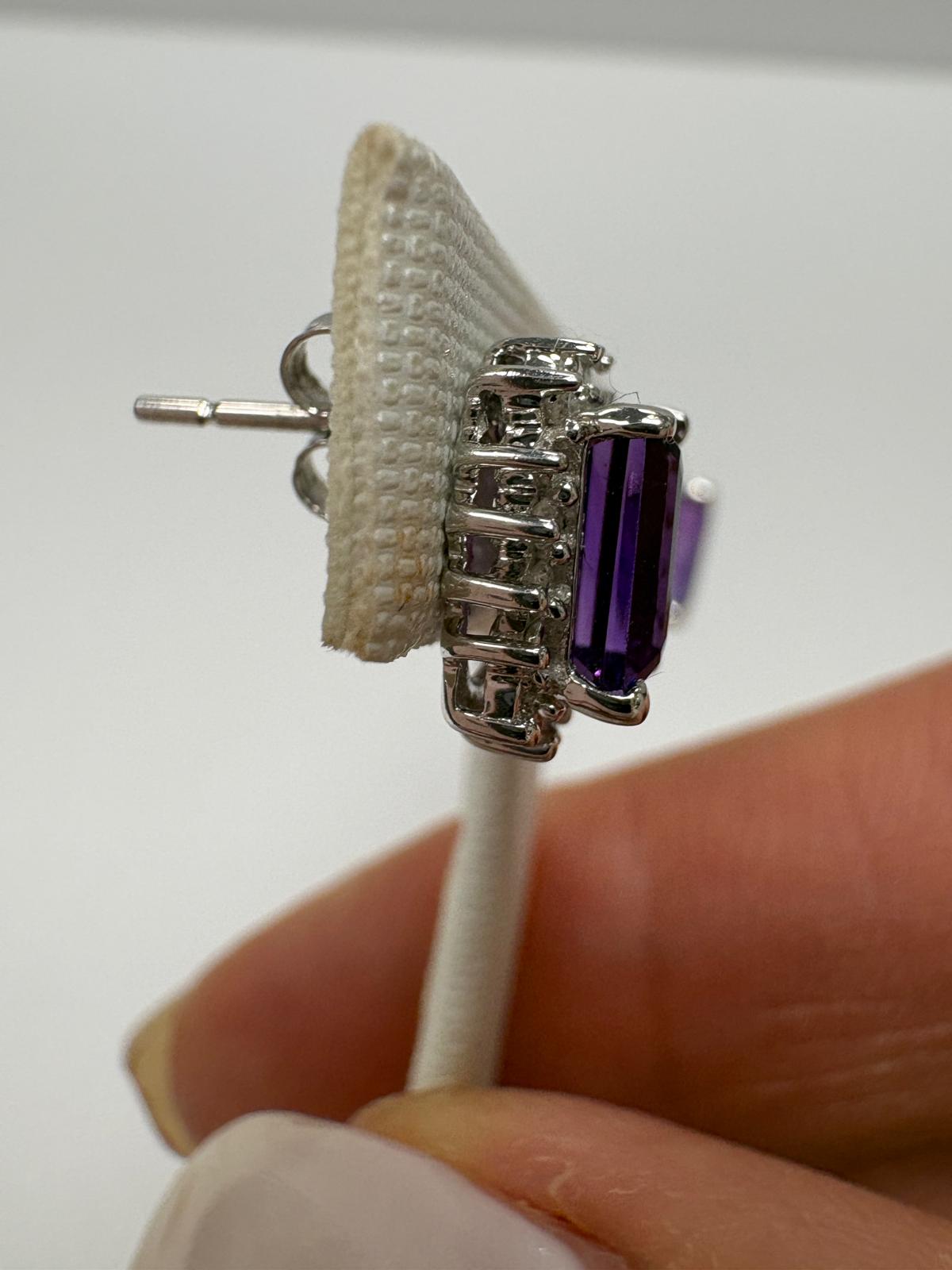 pre-loved amethyst earrings, second hand 9ct gold earrings UK, amethyst diamond cluster earrings, emerald cut amethyst, statement purple earrings, pre-owned gemstone earrings UK, second hand fine jewellery UK, amethyst earrings for sale UK